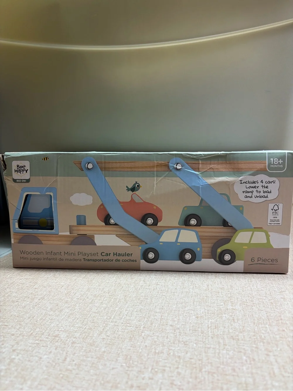 Bee Happy Wooden Car Hauler Toy Set 6 Pieces FCS Certified